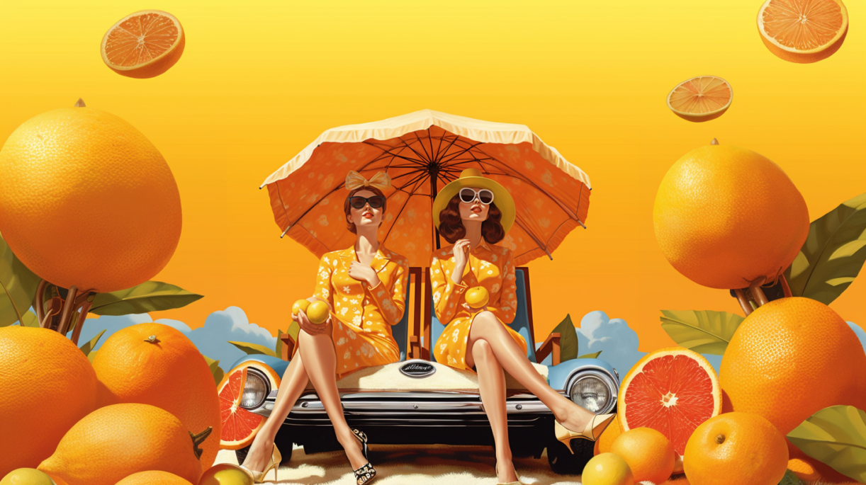 Two women talking under an umbrella about making lemonade