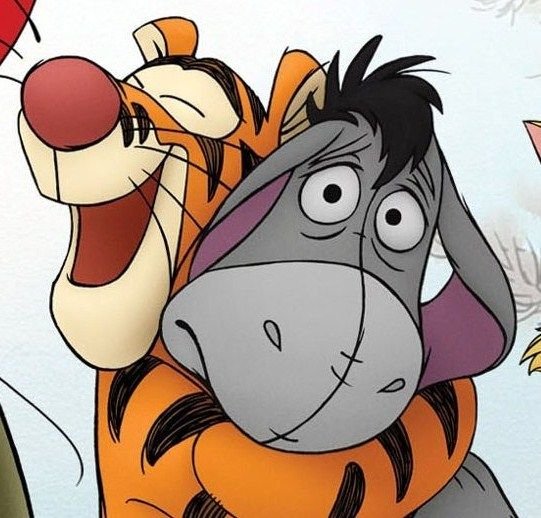 Tigger and Eeyore from Winnie the Pooh, hugging.